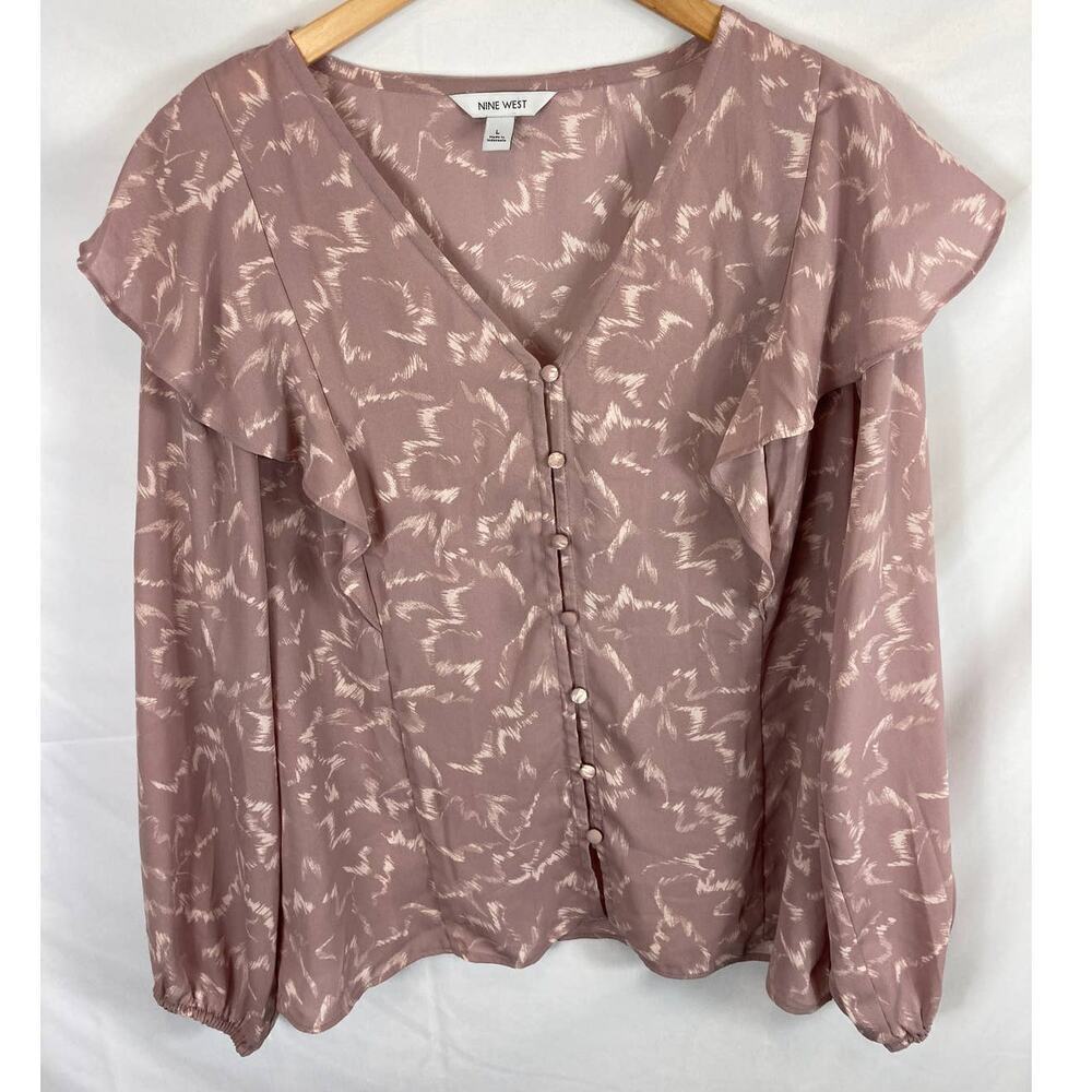 Nine West Patterned Button Down Ruffle Blouse Size Large
